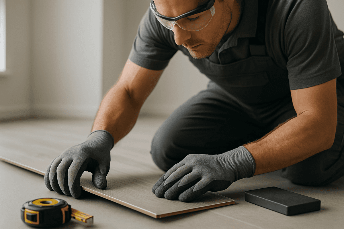 Close-up of gloved hands fitting lanate flooring with tools in a well-lit indoor work area